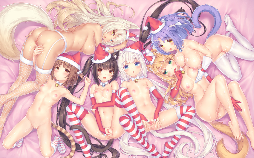 1girl 6+girls 6girls :3 animal_ear_fluff animal_ears areola ass azuki_(nekopara) azuki_(sayori) bangs bed bell bell_choker bell_collar big_breasts blonde_hair blue_eyes blunt_bangs blush breast_squeeze breasts bridal_gauntlets brown_eyes brown_hair cat_band_legwear cat_tail censored cg_art chestnut_mouth chocola_(neko_para) chocola_(nekopara) choker christmas_outfit cinnamon_(nekopara) cinnamon_(sayori) closed_mouth coconut_(nekopara) coconut_(sayori) collar elbow_gloves eyebrows_visible_through_hair finger_to_mouth fingering fingering_self fingerless_gloves fishnet_legwear fishnets game_cg garter_belt garter_straps gloves green_eyes green_gloves hair_bobbles hair_ornament hand_to_own_mouth hat heterochromia high_resolution jingle_bell large_filesize light_purple_hair lingerie long_hair looking_at_viewer low_twintails lying lying_on_bed m_legs maple_(nekopara) maple_(sayori) mosaic_censoring multiple_girls nekomimi nekopara nipples non-web_source nude official_art on_back on_bed on_side one_side_up open_mouth platinum_blonde_hair ponytail purple_hair pussy red_gloves santa_gloves santa_hat sayori_(neko_works) short_hair sitting small_breasts socks spread_legs spread_vagina stockings striped striped_legwear striped_thighhighs sweat tail tanned tied_hair twin_tails unaligned_breasts vaginal_juices vanilla_(nekopara) vanilla_(sayori) very_high_resolution very_long_hair viewed_from_above white_gloves white_legwear yellow_eyes yokozuwari