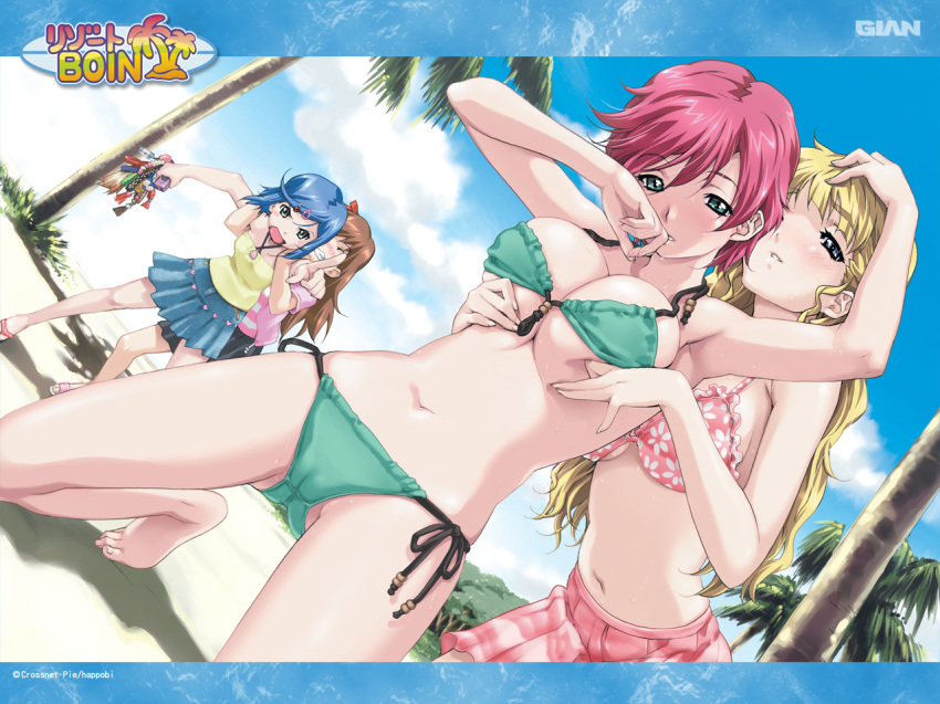 &gt;:o 4girls :o age_difference amamiya_momona angry aqua_bikini aqua_eyes armpits artist_name bangs bare_shoulders barefoot beach beads bikini bikini_skirt blonde_hair blue_eyes blue_hair blush blush_stickers breast_grab breasts brown_hair cameltoe cellphone cleavage clenched_teeth closed_eyes cloud company_name copyright_name criss-cross_halter crossnet-pie dutch_angle floral_print frilled_bikini frills game_cg grabbing grabbing_from_behind grass green_eyes hair hair_ornament hair_ribbon hairclip halter_top halterneck hand_on_another's_head happo happoubi_jin head_tilt heart_print holding iihara_nao keychain kneeling koromogae_maya large_breasts leaning_forward letterboxed logo long_hair looking_at_viewer miniskirt multiple_girls naughty_face navel nose_blush official_art open_clothes outdoors outstretched_arm palm_tree parted_lips phone pink_bikini pink_hair pleated_skirt pointing print_bikini public red_hair resort_boin restrained ribbon saliva sandals shadow shirt short_hair shouting side-tie_bikini skirt sky small_breasts smile standing string_bikini striped striped_shirt sweat swept_bangs swimsuit swimsuits teeth torso_grab tree tsukushino_mitsugu underboob wallpaper wavy_hair wet wide_hips wince yuri