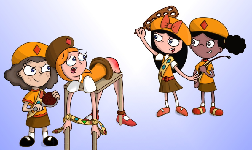 age_difference candace_flynn disney fireside_girls girl_scout holly_(phineas_and_ferb) honeysmother isabella_garcia-shapiro milly_(phineas_and_ferb) on_table phineas_and_ferb spanking