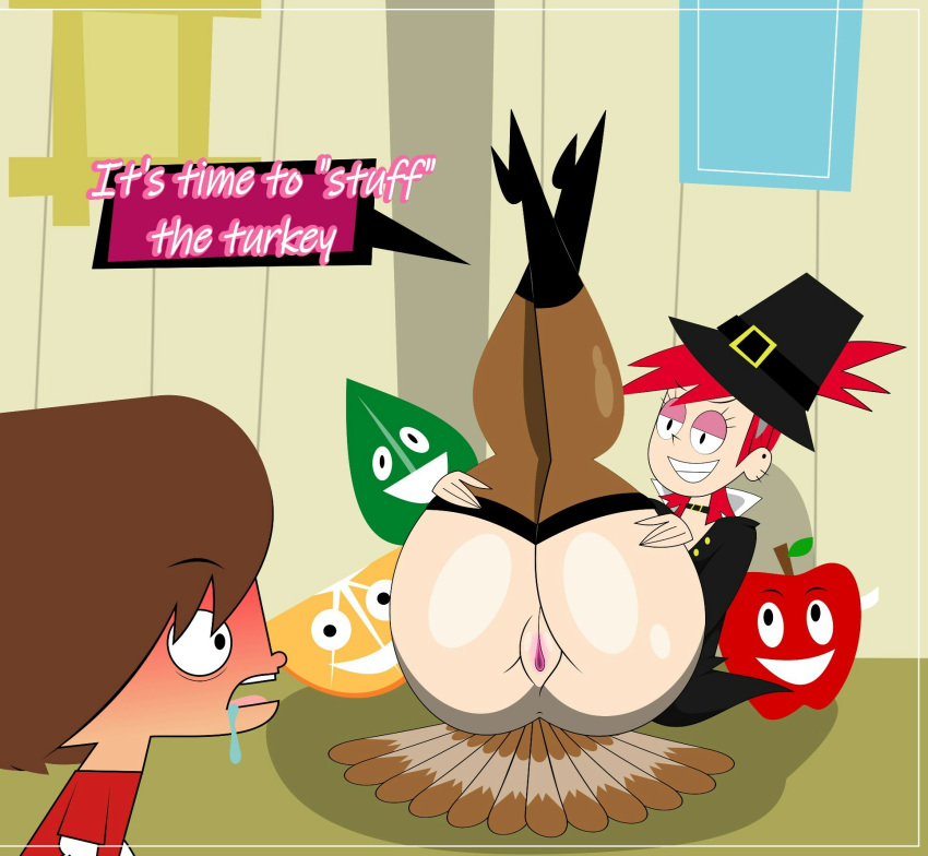 1boy 1girl anus ass butthole cartoon_network child darkdpx3 female foster's_home_for_imaginary_friends frankie_foster legs_up little_boy lying lying_down mac_(fhfif) male male/female mostly_clothed no_panties presenting pussy red_hair shota shotacon stockings thanksgiving young_boy