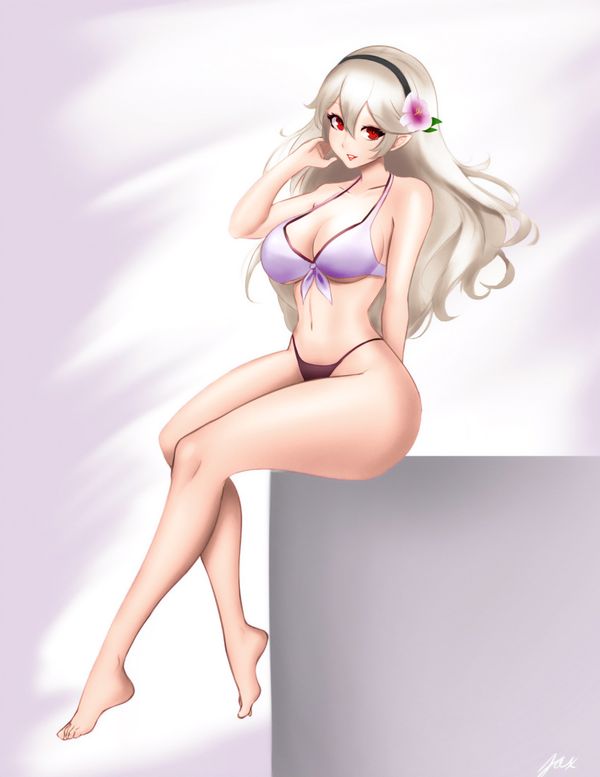 1girl alluring alternate_costume alternate_version_available bikini breasts cleavage corrin_(fire_emblem) corrin_(fire_emblem)_(female) female_only fire_emblem fire_emblem_fates fire_emblem_heroes jaxartdump looking_at_viewer nintendo official_alternate_costume pointy_ears swimsuit under_boob white_bikini white_swimsuit