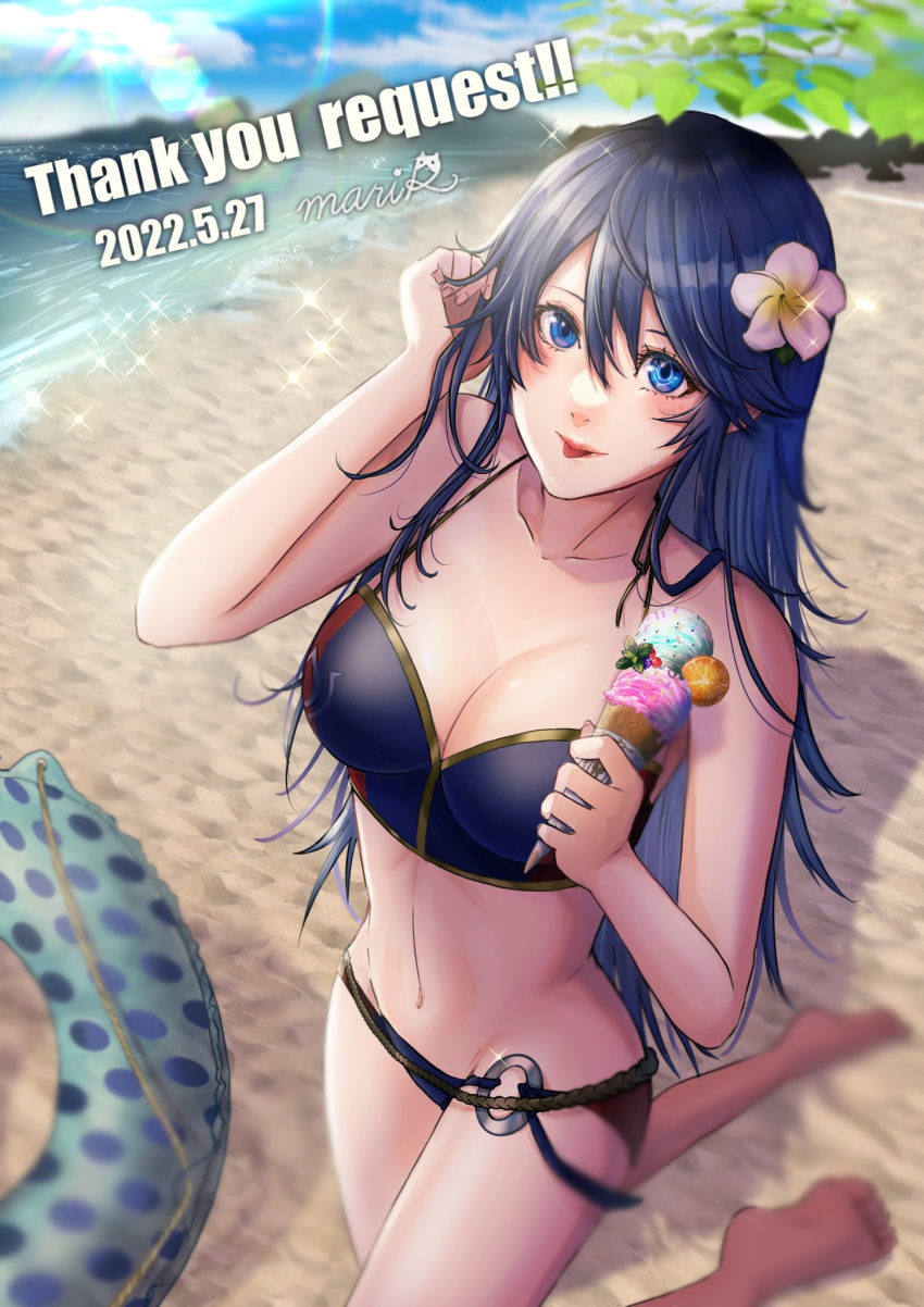 1girl alluring alternate_costume beach big_breasts bikini blue_bikini blue_eyes blue_hair blue_swimsuit breasts cleavage day eva02asuka0608 female_only fire_emblem fire_emblem_awakening flower food from_above hair_flower ice_cream long_hair looking_up lucina lucina_(fire_emblem) nintendo ocean outside sand swimsuit symbol-shaped_pupils tongue tongue_out