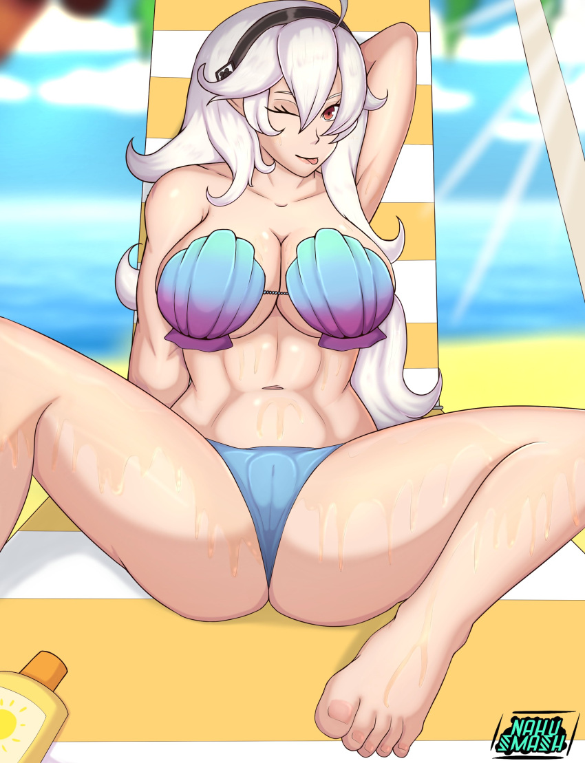 1girl ;p alluring alternate_breast_size alternate_costume alternate_hair_color big_breasts bikini breasts cleavage corrin_(fire_emblem) corrin_(fire_emblem)_(female) female_abs female_only fire_emblem fire_emblem_cipher fire_emblem_fates inviting long_hair lotion nahusmash nintendo official_alternate_costume one_eye_closed partially_visible_vulva presenting shell_bikini spread_legs sunscreen swimsuit tongue tongue_out under_boob white_hair wink