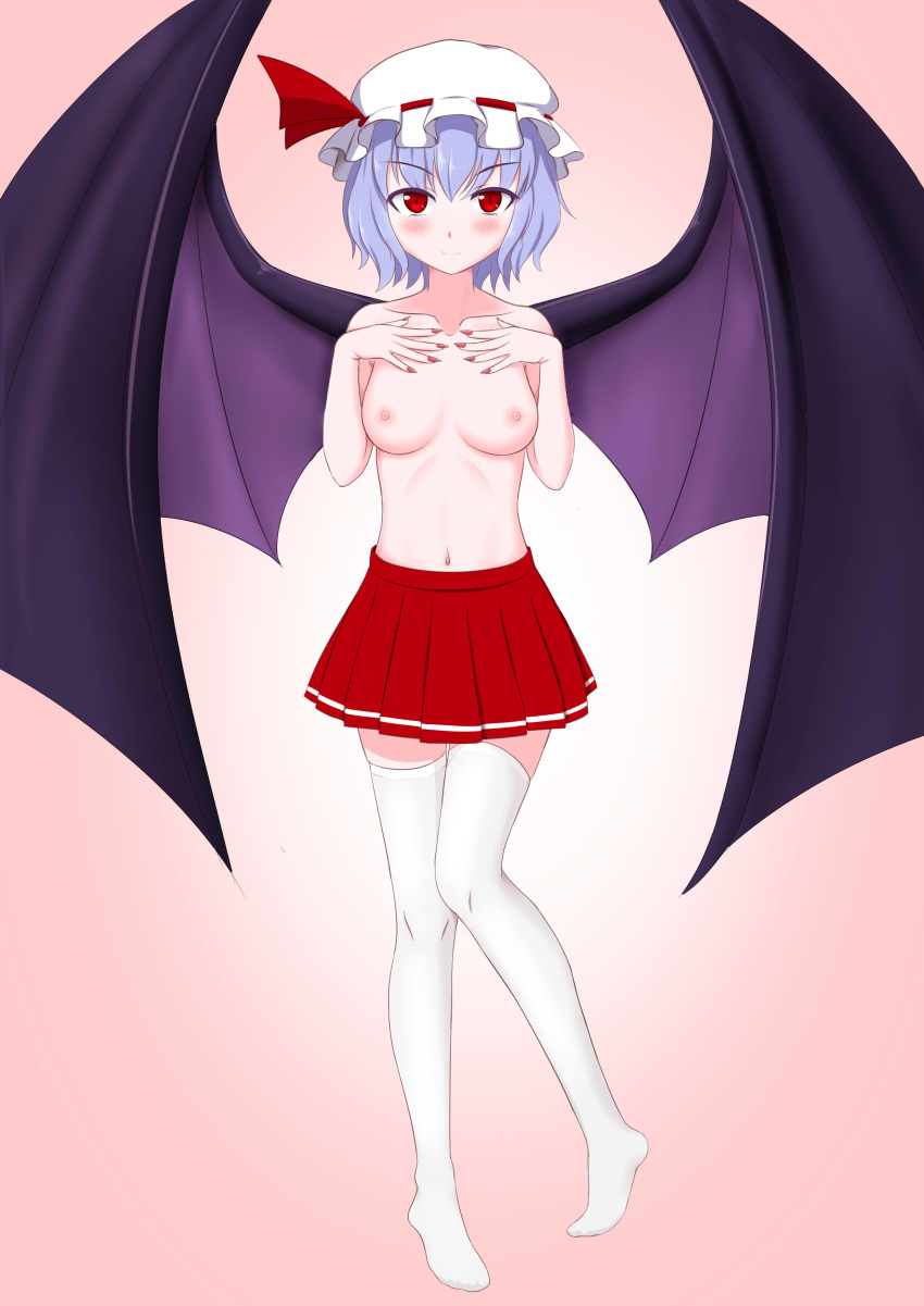 areolae big_breasts blue_hair breasts female looking_at_viewer nipples red_eyes remilia_scarlet shandougen_shimifu smile solo topless touhou wings
