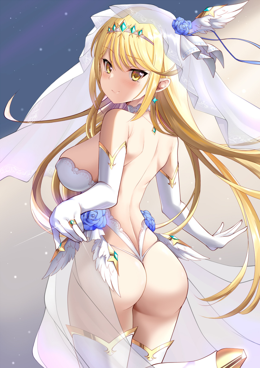 1girl 2021 alluring arm_out ass ass_focus ass_shot back back_view backboob backless_outfit bangs big_breasts blonde_hair blush breasts bubble_butt earrings elegant elegant_dress female_focus female_only flowing_dress gloves gold_eyes hair_ornament high_res jewelry kou_(artist) large_ass long_gloves long_hair looking_at_viewer mythra mythra_(xenoblade) nintendo panties reaching_towards_viewer ring sideboob simple_background smile smiling_at_viewer stockings swept_bangs thick_thighs thighs tiara voluptuous wedding_dress wedding_ring wedding_veil wedgie white_dress white_gloves white_panties white_thighhighs xenoblade_(series) xenoblade_chronicles_2