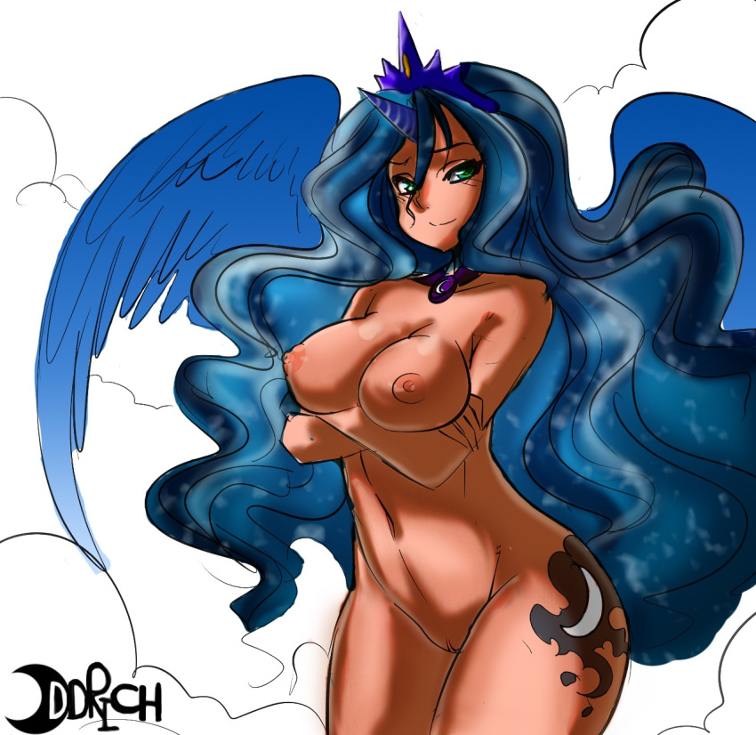 1girl belly breasts friendship_is_magic green_eyes hair horn long_hair maniacpaint midriff my_little_pony navel nipples nude oddrich princess_luna pussy smile wings