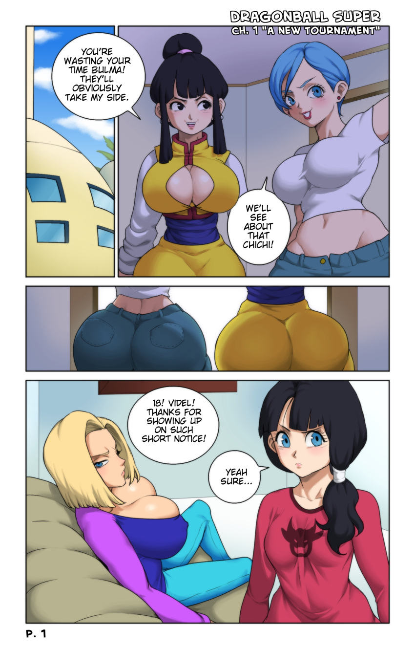 4girls android_18 ass big_ass big_breasts blonde_hair blue_hair breasts bulma_brief chichi dragon_ball dragon_ball_super dragon_ball_z female female_only gmilf jay-marvel milf mother-in-law_and_daughter-in-law shounen_jump slutty_outfit small_breasts videl