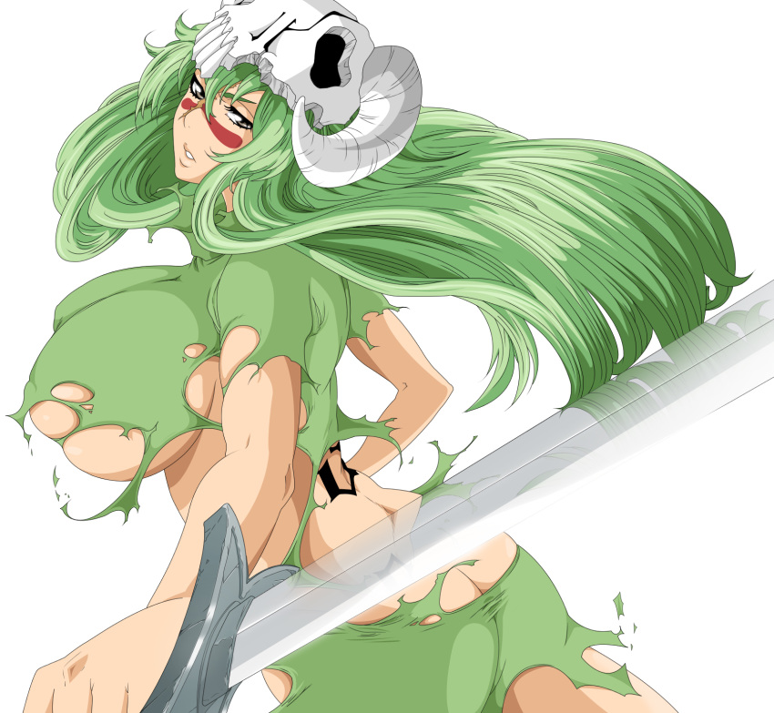 ass big_breasts bleach breasts butt_crack facial_mark green_hair grey_eyes highres huge_breasts large_breasts long_hair nel nelliel_tu_odelschwanck no_bra no_panties photoshop scar see-through skull solo spoilers stiky_finkaz sword tattoo torn_clothes underboob vector_trace weapon yellow_eyes