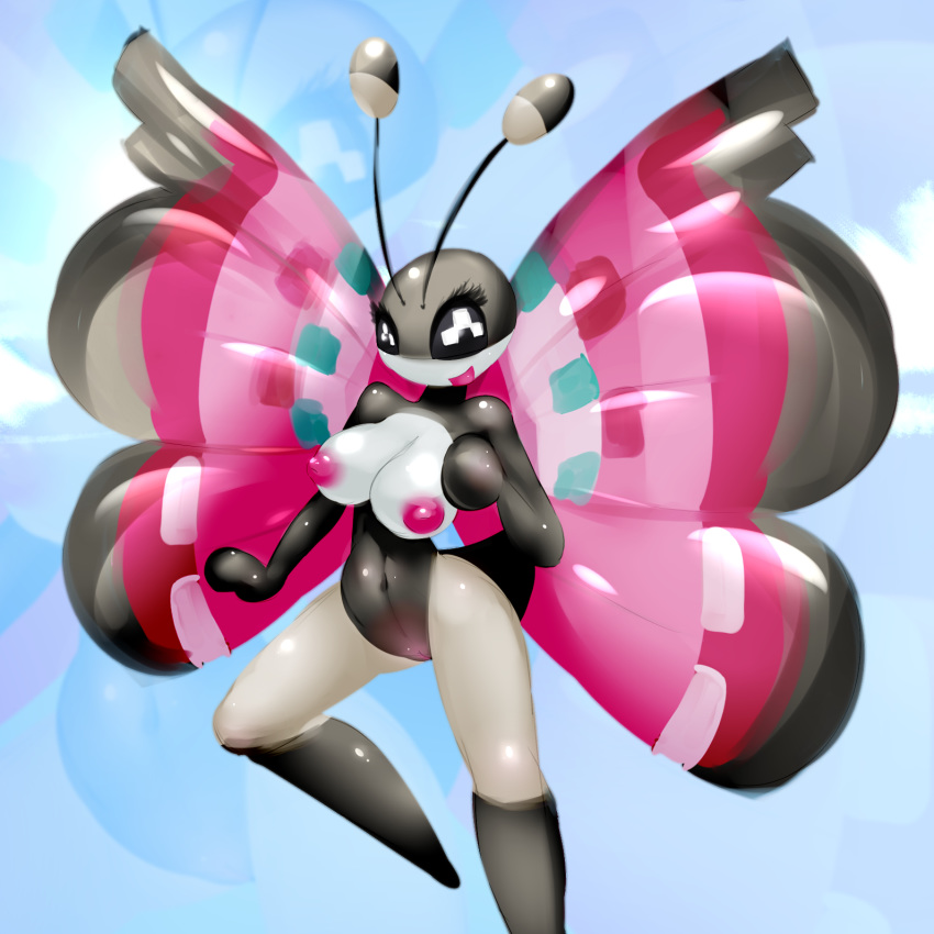 1girl 2013 antennae anthro anthrofied black_eyes blush breasts butterfly butterfly_wings cloud clouds elpatrixf flying insect navel nintendo nipples open_mouth pokemon pokÃ©mon pussy sky smile tongue video_games vivillon wide_hips wings
