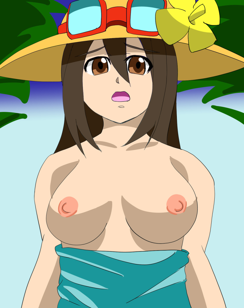 big_breasts breasts eyebrows_visible_through_hair flower hat looking_at_viewer npc_trainer pokemon pokemon_sm shades sightseer sun_glasses sunglasses