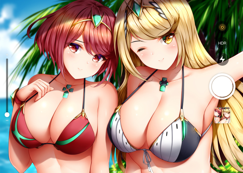 2_girls alluring armpits bangs bare_shoulders beach big_breasts bikini blonde_hair blue_sky blush bracelet breasts cleavage closed_mouth cloud collarbone commentary day eyebrows_visible_through_hair gem hair_between_eyes hair_ornament headpiece holding jewelry leaf long_hair looking_at_viewer multicolored multicolored_clothes multiple_girls mythra mythra_(xenoblade) nintendo ocean one_eye_closed outside palm_tree pyra pyra_(xenoblade) red_eyes red_hair self_shot short_hair sky smile swept_bangs swimsuit tiara tree very_long_hair voluptuous water wsman xenoblade_(series) xenoblade_chronicles_(series) xenoblade_chronicles_2 yellow_eyes