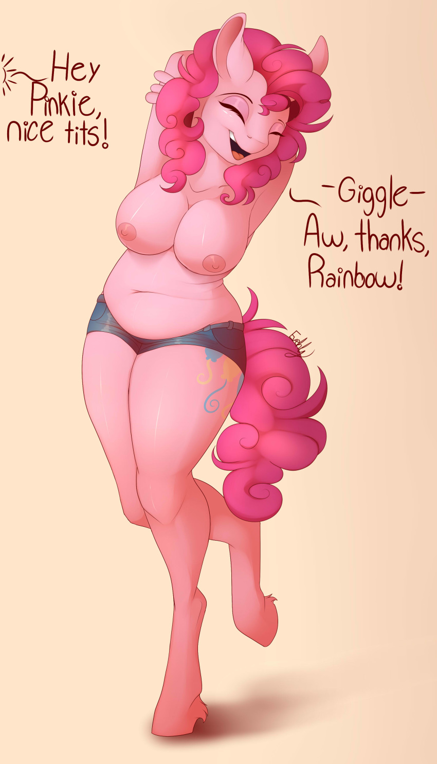 1girl 1girl 2016 absurd_res anthro anthrofied areola armpits arms_above_head big_breasts breasts clothing dialogue english_text equine evehly friendship_is_magic furry hair hands_behind_back high_res horse mammal muffin_top my_little_pony nipples pink_hair pinkie_pie_(mlp) pony pose shorts slightly_chubby smile text