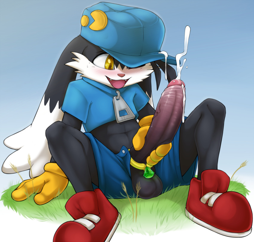:d abs blush cat clothing cock_ring crossover cum cum_on_penis cum_string cumshot emerald erection feline footwear gloves grass highres jewelry klonoa klonoa_(character) klonoa_(series) long_ears male masturbation messy namco navel one_eye_closed orgasm outside pac-man pac-man_(series) penis penis_grab pink_penis pink_skin plant shadow sharp_teeth shiny shirt shoes shojiku shorts sitting skin sky solo spread_legs spreading teeth testicles tongue tongue_out white_eyes yellow_eyes