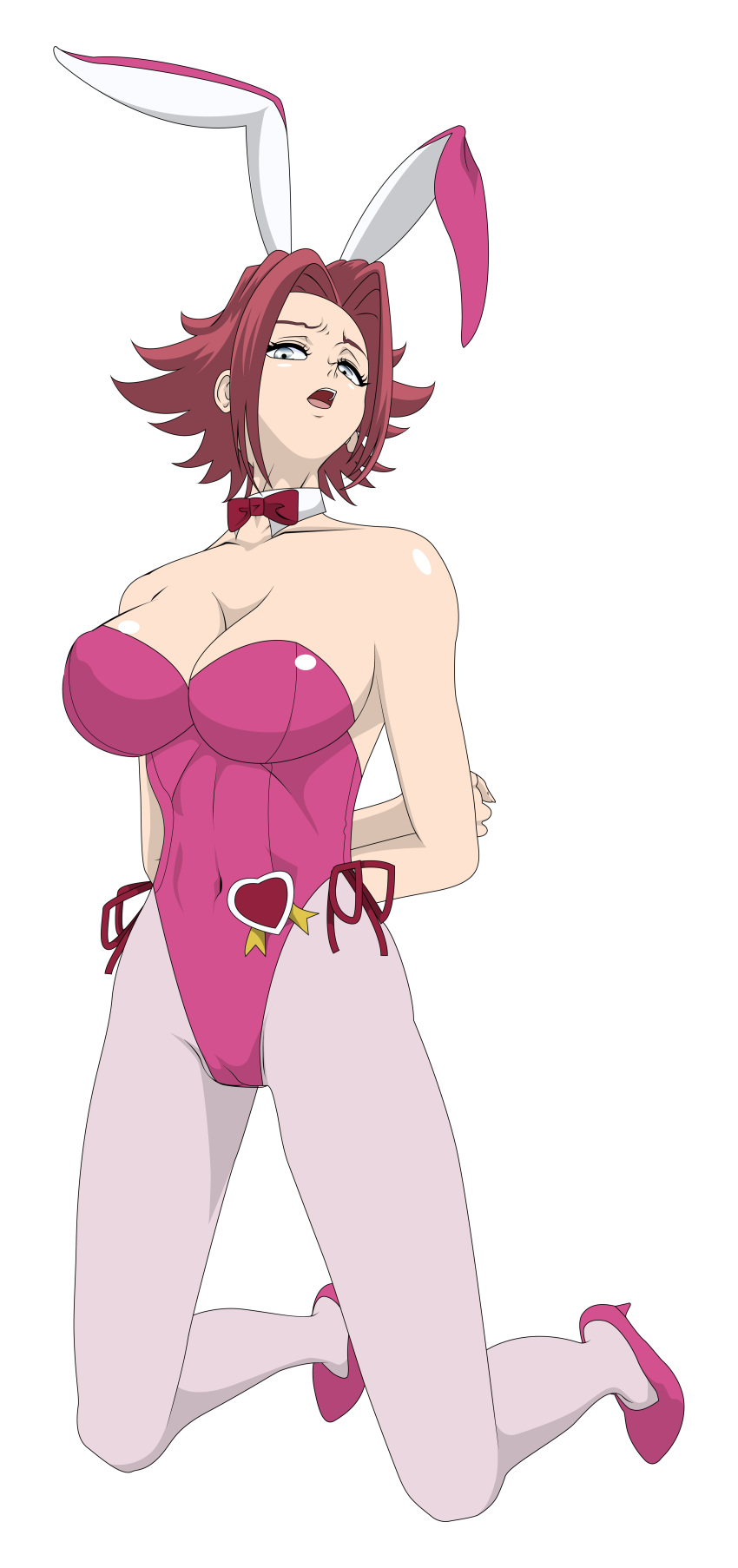 1girl absurd_res absurdres animal_ears arm arms arms_behind_back bare_shoulders big_breasts blue_eyes bow bowtie breasts bunny_ears bunny_girl bunnysuit cameltoe cleavage clothed_navel code_geass collarbone detached_collar fake_animal_ears female head_tilt heart high_heels high_res highres kallen_stadtfeld kneel kneeling large_breasts legs leotard looking_at_viewer looking_down open_mouth pantyhose red_hair shoes short_hair simple_background skin_tight solo thighs tied tied_up white_background