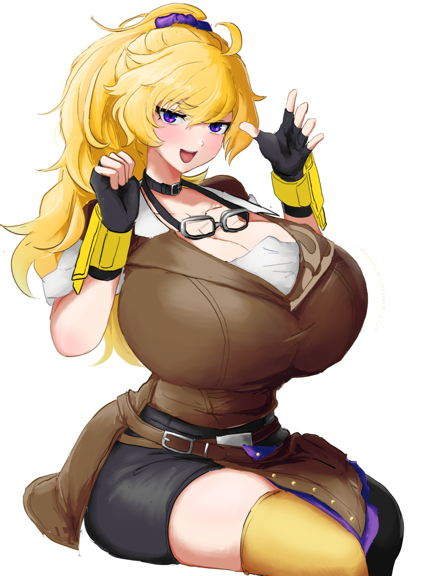 1girl big_breasts breasts clothed_female female_focus female_only goggles_around_neck huge_breasts long_hair odakubara ponytail rwby sitting smiling_at_viewer solo_female solo_focus yang_xiao_long