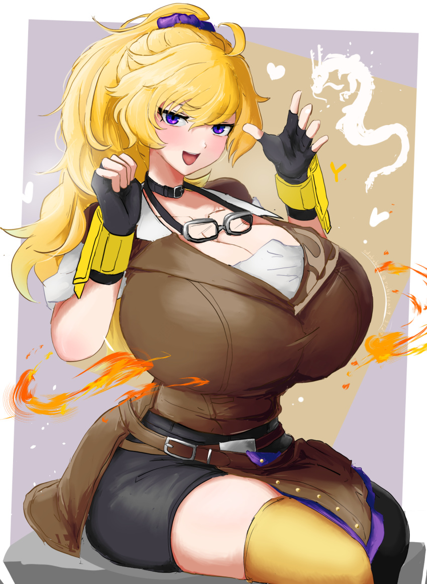 1girl 1girl 1girl big_breasts breasts clothed_female female_focus female_only goggles_around_neck huge_breasts long_hair odakubara ponytail rwby sitting smiling_at_viewer solo_female solo_focus yang_xiao_long