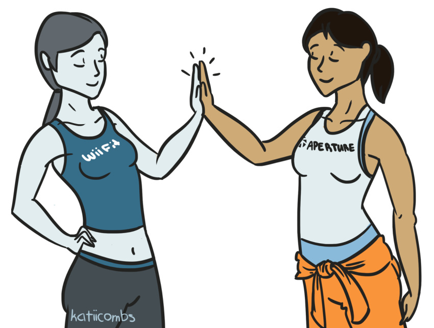 2girls chell navel nintendo portal_(series) portal_2 wii wii_fit wii_fit_trainer