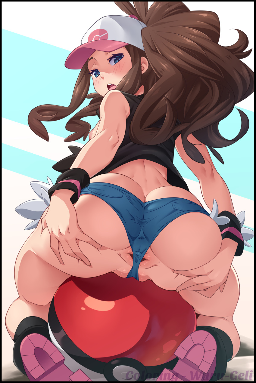 1girl ass_focus baseball_cap blue_eyes brown_hair day denim_shorts female_only gape hilda_(pokemon) looking_at_viewer looking_back open_mouth partially_visible_vulva poke_ball pokemon pokemon_character short_shorts spread_anus_under_clothes spread_ass thong
