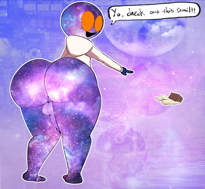 1boy backsack barefoot big_ass hoodie humanoid male_only mollusk no_pants orange_eyes original_character penis pointing rt_afterhours smile snail space text thick_thighs uwu