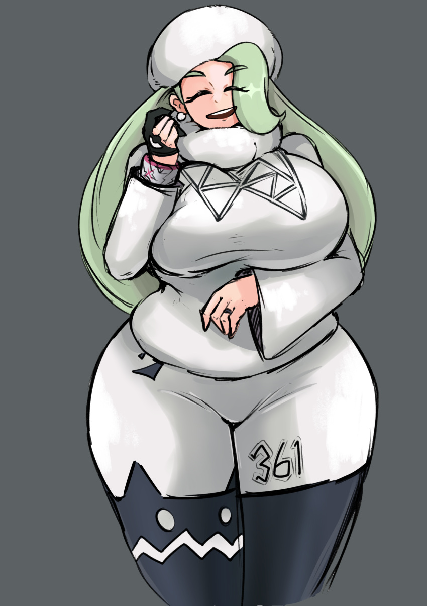 1girl artist_request big_breasts bracelet breasts chubby clothed clothes dress earrings eyelashes female_only gloves green_hair grey_background hat huge_breasts human human_only long_hair looking_at_viewer melony_(pokemon) milf nintendo open_mouth pokemon pokemon_ss pose ring sketch smile source_request standing stockings teeth text thick_thighs white_dress wide_hips