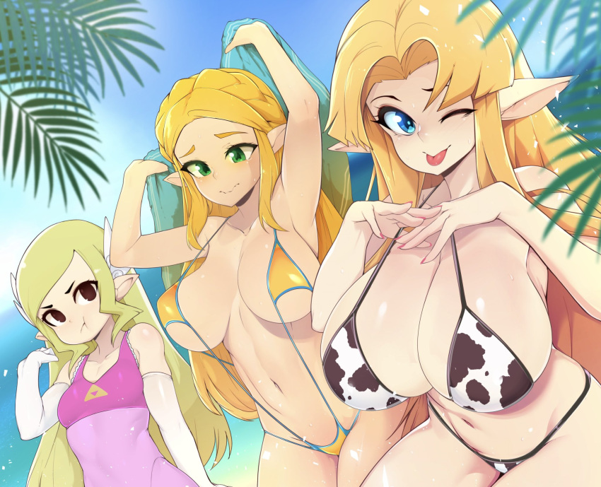 1girl 3_girls a_link_between_worlds age_difference alternate_breast_size big_breasts big_breasts bikini blonde_hair blue_eyes blush breast_envy breast_size_difference breasts breath_of_the_wild brown_eyes cleavage clothed_female cow_bikini cow_print demigoddess envy female_focus female_only green_eyes high_res huge_breasts jealous long_hair looking_at_viewer moo_bitch nintendo one-piece_swimsuit one_eye_closed pointy_ears princess princess_zelda showing_off slugbox string_bikini swimsuit the_legend_of_zelda the_wind_waker tongue_out toon_zelda triforce_bikini triforce_swimsuit wink zelda_(a_link_between_worlds) zelda_(breath_of_the_wild)