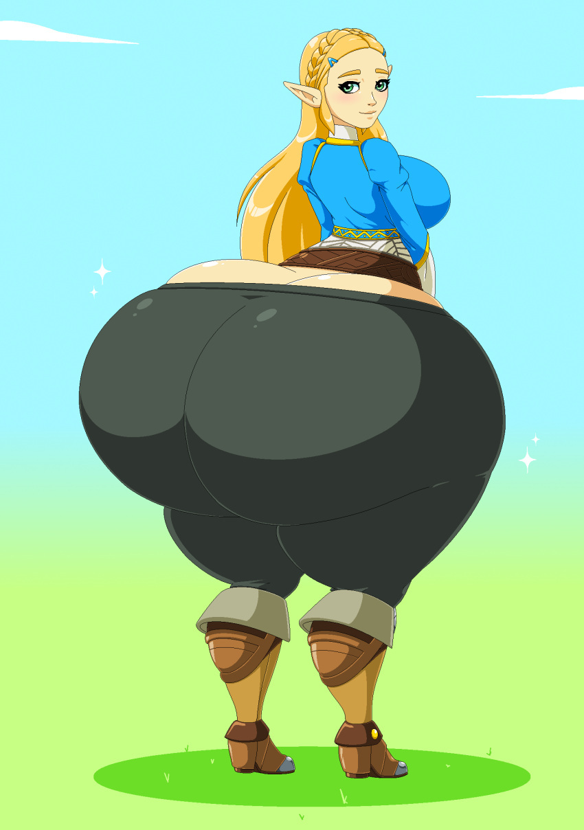 1girl ass ass_cleavage ass_expansion big_ass big_breasts bottom_heavy breasts breath_of_the_wild butt_crack clothed_female curvaceous dea-jn female_focus female_only huge_ass hyper_ass long_hair looking_at_viewer looking_back nintendo princess_zelda solo_female solo_focus the_legend_of_zelda thick thick_thighs video_game_character video_game_franchise voluptuous wide_hips zelda_(breath_of_the_wild)