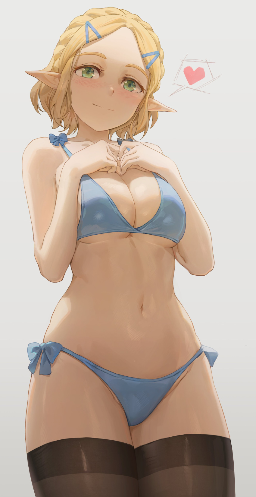 1girl 1girl 1girl bikini blonde breasts breath_of_the_wild breath_of_the_wild_2 cleavage clothed_female cowboy_shot female_focus female_only grin hands_on_chest high_res looking_at_viewer princess_zelda short_hair smiling_at_viewer solo_female solo_focus stockings stockings string_bikini the_legend_of_zelda under_boob video_game_character video_game_franchise yohan1754 zelda_(breath_of_the_wild)