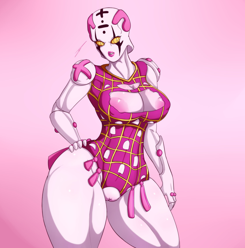 1girl areola_slip artist_signature big_breasts breasts exposed_breasts exposed_pussy hb-viper humanoid jojo's_bizarre_adventure nipple_bulge pale_skin pink_areola pink_background pink_clothing pink_lipstick pussy spice_girl thick_thighs voluptuous yellow_sclera