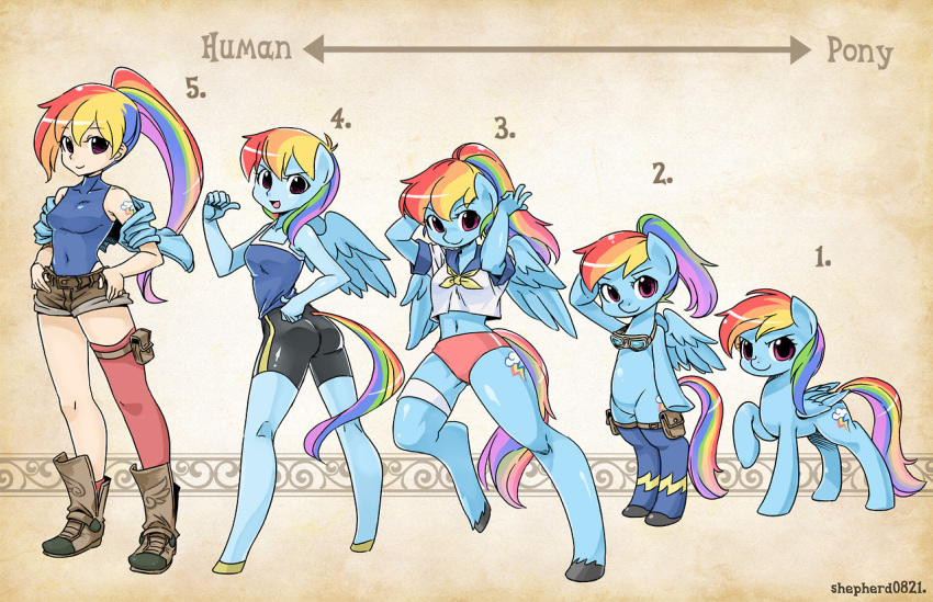 anthro asymmetrical_clothing belt blue_body blue_skin chart chart_(mlp) clothing cutie_mark equine female friendship_is_magic full_body goggles hooves human humanized leggings looking_at_viewer magenta_eyes my_little_pony my_little_pony_generation_4 pony ponytail purple_eyes rainbow_dash rainbow_hair school_uniform shepherd0821 shirt shoes shorts simple_background smile solo tail tank_top text thumb_up thumbs_up transformation wings