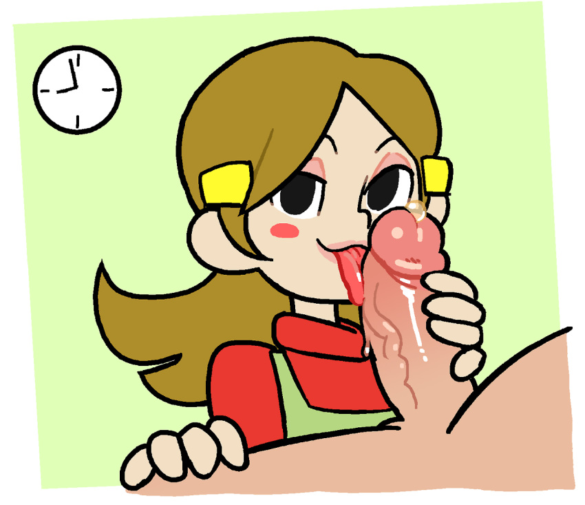 1boy 1girl 5-volt aliasing blush_stickers brown_hair clock clothed_female_nude_male eyeshadow fellatio game_&amp;_wario hair_ornament hairclip licking licking_penis long_hair looking_at_viewer makeup male/female milf noill nude oral penis precum tongue tongue_out turtleneck uncensored warioware