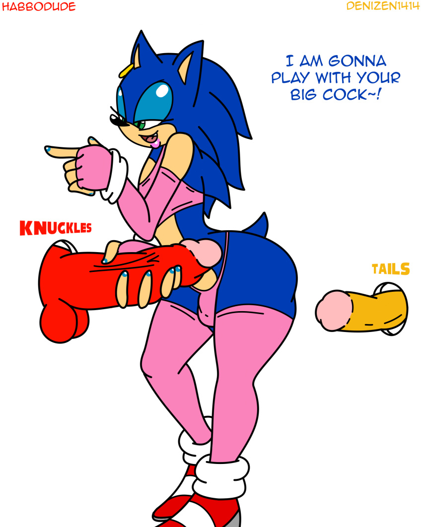 anthro blue_hair bulge canine denizen1414 ear_piercing echidna english_text erection fox gay girly green_eyes habbodude hair handjob hedgehog knuckles_the_echidna male miles_"tails"_prower penis piercing sega sex smile sonic_*(series) sonic_the_hedgehog sonic_the_hedgehog_(series) testicles text