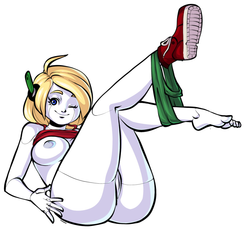 1girl ahoge android ass blonde_hair blue_eyes breast breasts cave_story curly_brace dark_nipples daspyorno doukutsu_monogatari highres large_breasts long_hair lying nipples on_back pussy pyorno robot_ears robot_girl robot_joints shirt_lift shorts shorts_pull single_shoe sitting solo spaghetti_strap tank_top top_lift uncensored white_skin wink