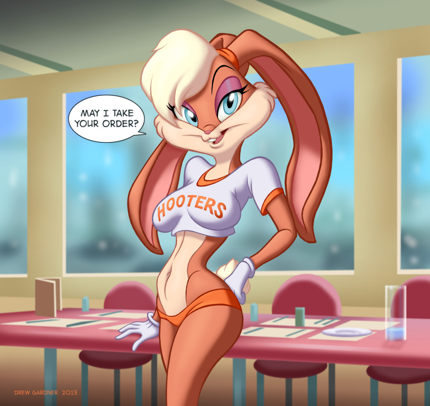2013 ? belly blonde_hair blue_eyes breasts buckteeth clothed clothing drew_gardner_(artist) english_text female floppy_ears gloves hair highres hooters inside lagomorph lola_bunny long_ears looking_at_viewer makeup navel orange_fur pink_nose rabbit restaurant shirt short_hair shorts smile solo space_jam standing text thighs warner_brothers white_fur