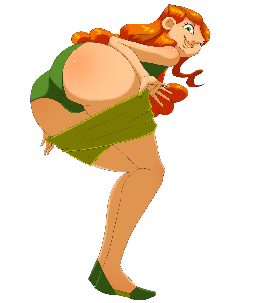ass breasts cartoon_network curly_hair dat_ass green_eyes green_panties hourglass_figure izzy_(tdi) orange_hair panties skirt skirt_pull solo thick_ass thick_legs thick_thighs total_drama_island underwear