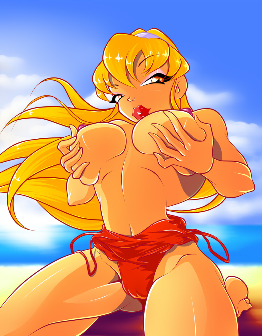 1girl big_breasts blonde_hair breast_grab breast_hold breast_lift breasts female_only hair holding_breasts long_hair navel nipples solo_female stella stella_(winx_club) swimsuit topless winx_club zfive