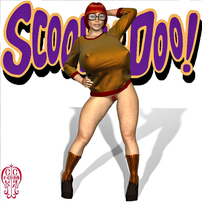 3d bottomless chup@cabra freckles glasses huge_breasts nipples_poking no_panties pubic_hair scooby-doo sweater velma_dinkley
