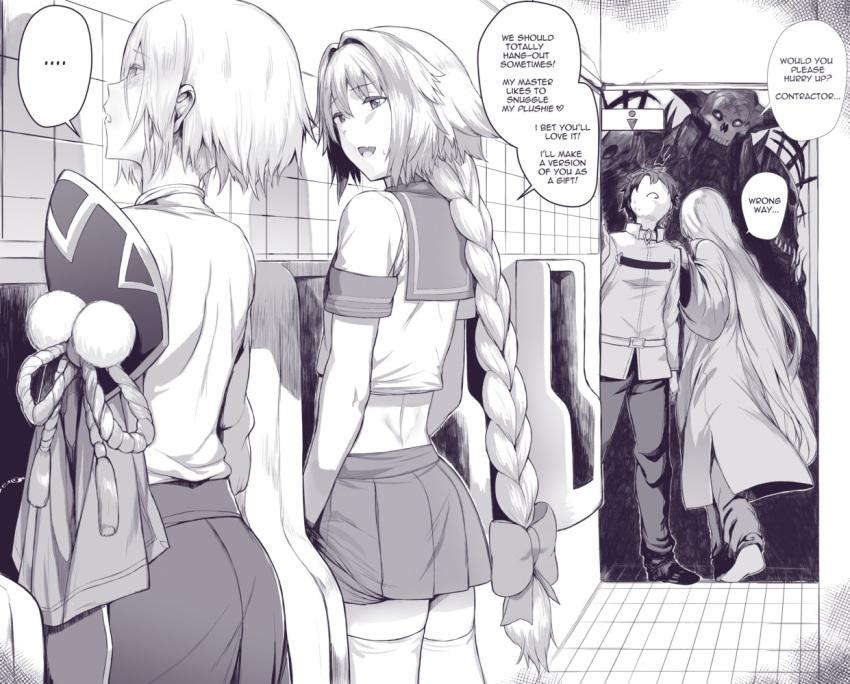 ... 4boys astolfo_(fate) bow braid english_text fate/grand_order fate_(series) hews_hack monochrome tagme toilet_use urinal