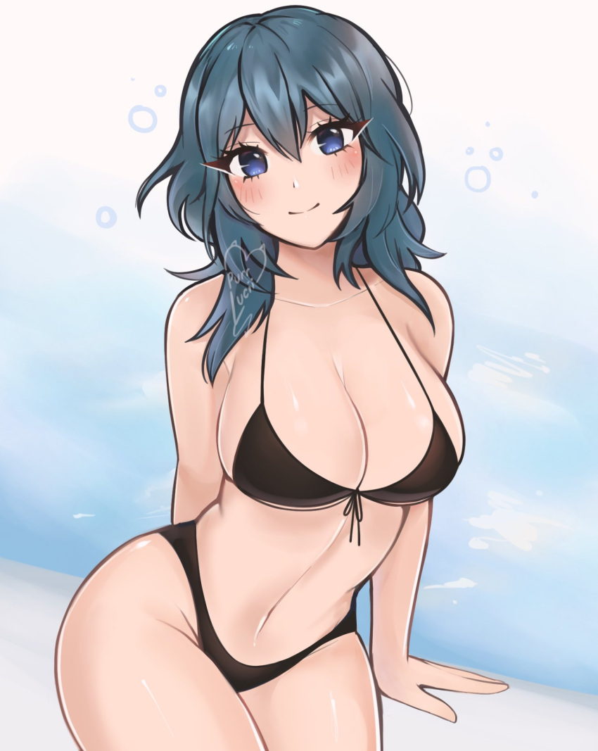 1girl alluring alternate_costume arm_support bare_shoulders big_breasts bikini black_bikini black_swimsuit blue_eyes byleth_(female)_(fire_emblem) byleth_(fire_emblem) cleavage female_only fire_emblem fire_emblem:_three_houses high_res long_hair looking_at_viewer navel nintendo purrlucii sitting smile stomach swimsuit teal_hair thighs under_boob
