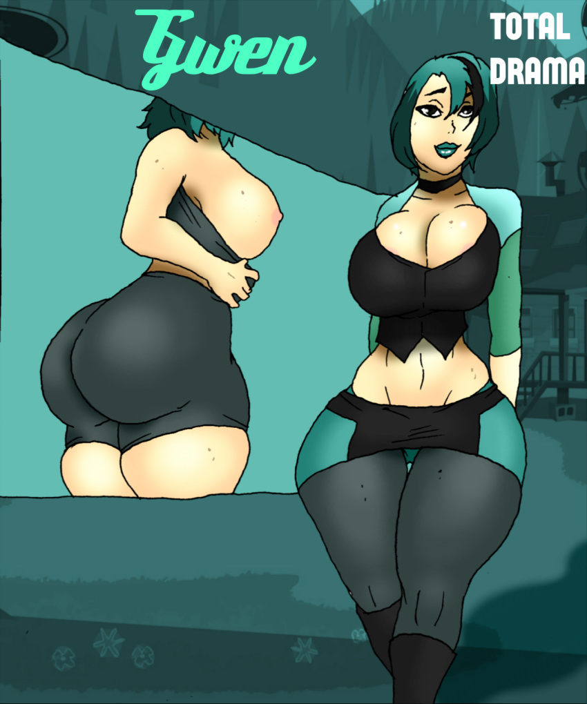 ass big_ass big_breasts black_eyes black_hair breasts cartoon_network dyed_hair goth green_hair gwen_(tdi) hourglass_figure jay-marvel lips pale-skinned_female thick_ass thick_legs thick_thighs total_drama_island two_tone_hair wasp_waist wide_hips