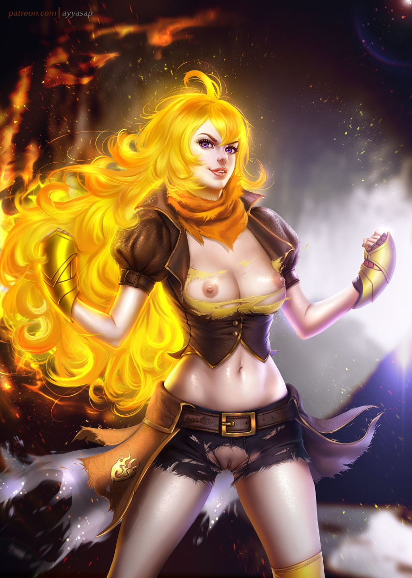1girl areola ayyasap blonde_hair breasts female female_only high_resolution long_hair looking_at_viewer navel nipples purple_eyes pussy realistic rwby short_shorts shorts smile solo_female thighs toned torn_clothes uncensored very_high_resolution yang_xiao_long