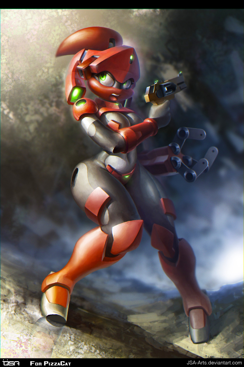 2013 breasts closed_legs cyborg_(designation) detailed female glowing green_eyes grey_body grey_skin gun high_res jsa-arts mechanical_arm not_furry open_mouth pistol pose proxy_(character) ranged_weapon samurai_pizza_cats shiny sky solo standing thick_thighs weapon wide_hips