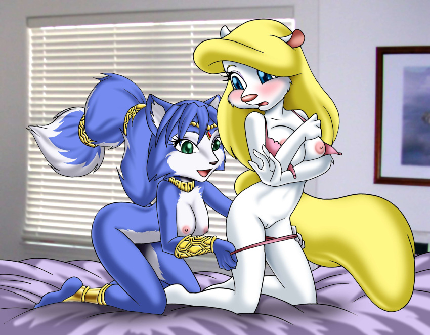 2girls absurd_res accessory animaniacs anthro armor barefoot bed blonde_hair blue_body blue_eyes blue_fur blue_hair blush bra bracelet bracers breasts canid canine circlet clothed clothing collar crossover dr._comet duo feet female female/female fluffy fluffy_tail fox fur furgonomics furniture genitals green_eyes hair hi_res high_res inside jewelry kneel kneeling krystal leg_band legband lesbian lingerie long_blonde_hair long_hair looking_back mammal minerva_mink mink multiple_girls mustelid musteline necklace nintendo nipples nude on_bed open_mouth panties panties_down partially_clothed poland_(artist) pussy raised_tail rodent squirrel star_fox tail tail_accessory tail_band tailband true_musteline underwear underwear_down undressing video_games warner_brothers white_body white_fur yuri
