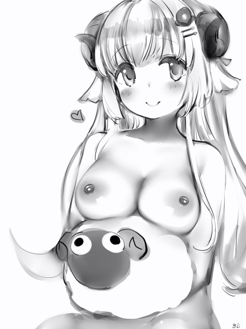 1girl 1girl animal_ears areola bangs big_breasts blush breast_rest breasts closed_mouth curled_horns eyebrows_visible_through_hair greyscale hair_ornament hairclip heart high_resolution hololive horns long_hair medium_breasts monochrome nanashi_(nlo74593630) nipples nude sheep sheep_ears sheep_horns simple_background smile tsunomaki_watame virtual_youtuber white_background