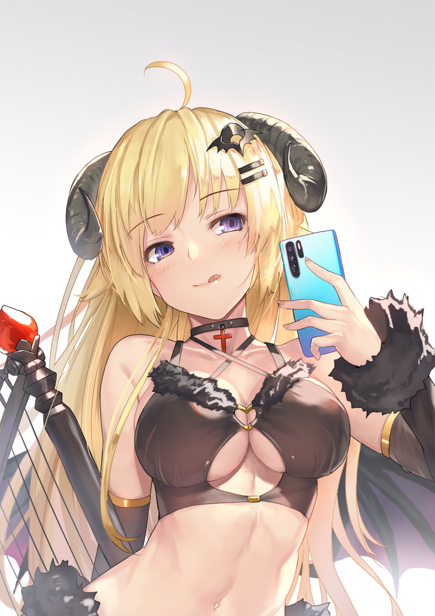 1girl 1girl :q ahoge alternative_costume bare_shoulders big_breasts black_choker black_shirt blonde breasts choker clavicle cleavage cleavage_cutout closed_mouth crop_top cross dark_persona demon_wings detached_sleeves fur_trim gradient gradient_background grey_background hair_ornament hairclip hand_up harp high_resolution holding holding_object holding_phone hololive horns instrument long_hair looking_away midriff navel phone purple_eyes revealing_clothes self_shot sheep_horns shirt smile stomach tongue tongue_out tsunomaki_watame under_boob underboob_cutout upper_body virtual_youtuber weiyinji_xsk wings