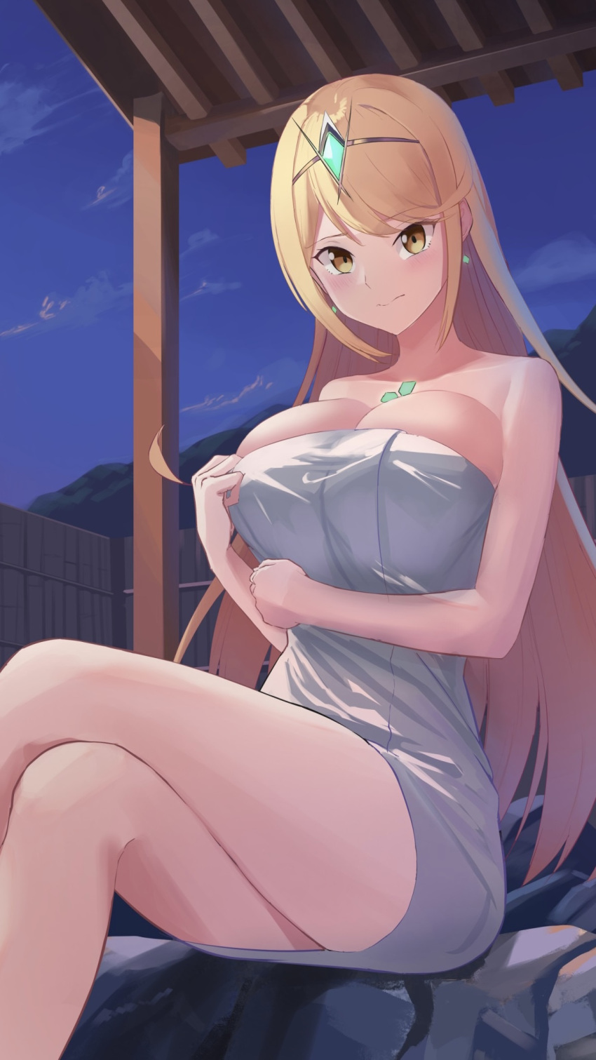 1girl alluring arm_under_breasts bare_shoulders big_breasts blonde_hair chest_jewel closed_mouth core_crystal crossed_legs drop_earrings earrings embarrassed high_res jewelry lom_(lom_lom_8) long_hair looking_at_viewer mythra naked_towel night night_sky nintendo outside sitting sky swept_bangs tiara towel xenoblade_(series) xenoblade_chronicles_2 yellow_eyes