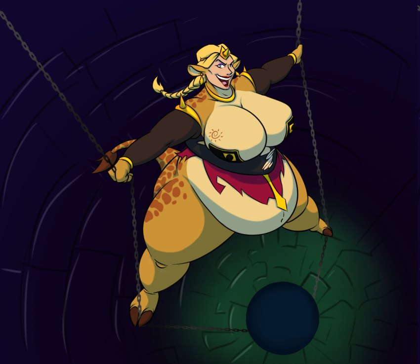 bartok_the_magnificent belly_bulge belly_expansion blonde_hair cursereaper earrings gigantic_ass gigantic_breasts ludmilla single_braid tail tattoo tiara transformation