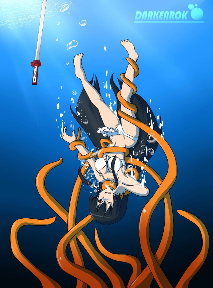 1girl absurd_res air_bubbles akame_(akame_ga_kill!) akame_ga_kill! asphyxiation barefoot big_breasts bikini black_hair bondage breasts bubbles commission darkenrok drowning feet female high_res long_hair one_eye_closed peril solo swimsuit sword tentacle underwater upside-down very_long_hair water waterfan weapon white_bikini white_swimsuit