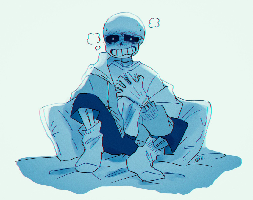 1boy 2020s 2022 animated_skeleton blush clothed drooling flustered hooded_jacket hoodie jacket looking_at_viewer male male_only monochrome monster off_shoulder opieopiopi pillow sans sans_(undertale) simple_background sitting skeleton socks solo solo_male sweat undead undertale undertale_(series)