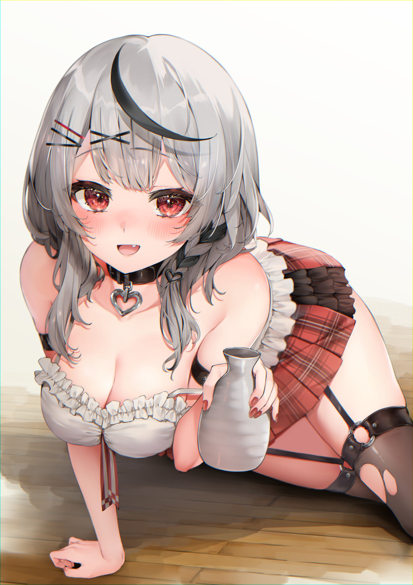 1girl 1girl absurd_res bad_id bad_twitter_id bare_shoulders big_breasts black_hair blush breasts camisole cleavage collarbone grey_hair hair_ornament high_res hololive izumi_kei long_hair looking_at_viewer medium_hair multicolored_hair open_mouth red_eyes sakamata_chloe skirt smile stockings streaked_hair thighs virtual_youtuber white_camisole x_hair_ornament