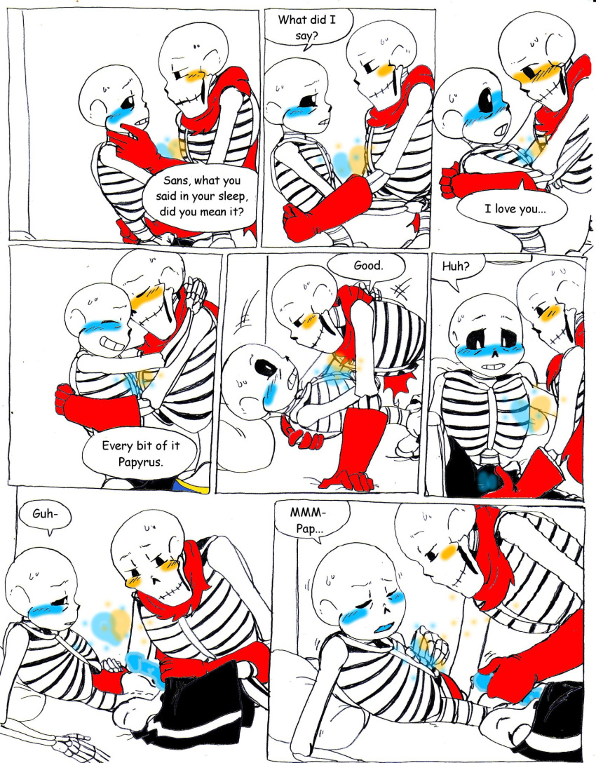 13thcatofthegate 2010s 2018 2boys 2males animated_skeleton arms_around_another arms_around_another's_neck arms_around_neck bigger_male blue_blush blue_penis blue_tongue blush bottom_sans brother/brother brothers comic comic_page comic_panel comic_sans duo ectopenis ectotongue english_text fontcest gay handjob hands_around_neck incest indoors larger_male male male/male male_only monster orange_blush papyrus papyrus_(undertale) papysans partially_colored penis sans sans_(undertale) seme_papyrus sequence sequential shorter_male skeleton smaller_male soul soul_sex speech_bubble taller_male text text_bubble tongue top_papyrus uke_sans undead undertale undertale_(series) yaoi